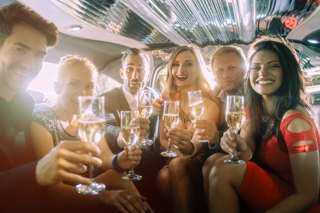 A group of people in a limo on their way to Sapphire Las Vegas Gentlemen's Club.